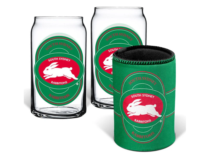 South Sydney Rabbitohs NRL Set of 2 Can Shaped Glasses and Can Cooler Gift Set