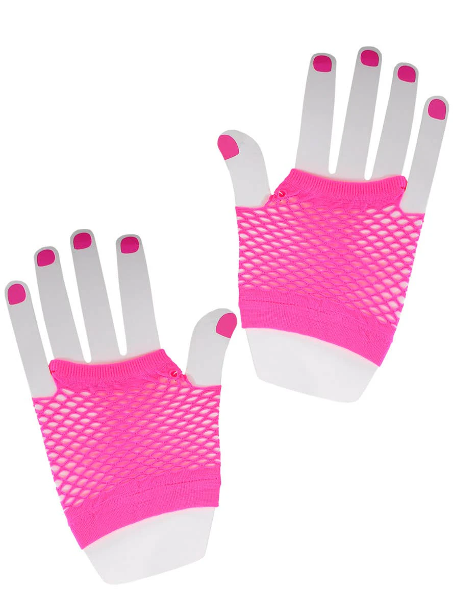 Short Neon Pink 1980s Fishnet Costume Gloves - New