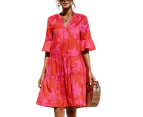 Women's Elegant V-Neck Casual Bell Sleeve Dress - Floral Rose Red