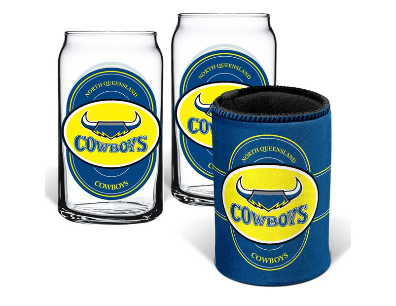 North QLD Queensland Cowboys NRL Set of 2 Can Shaped Glasses and Can Cooler Gift Set