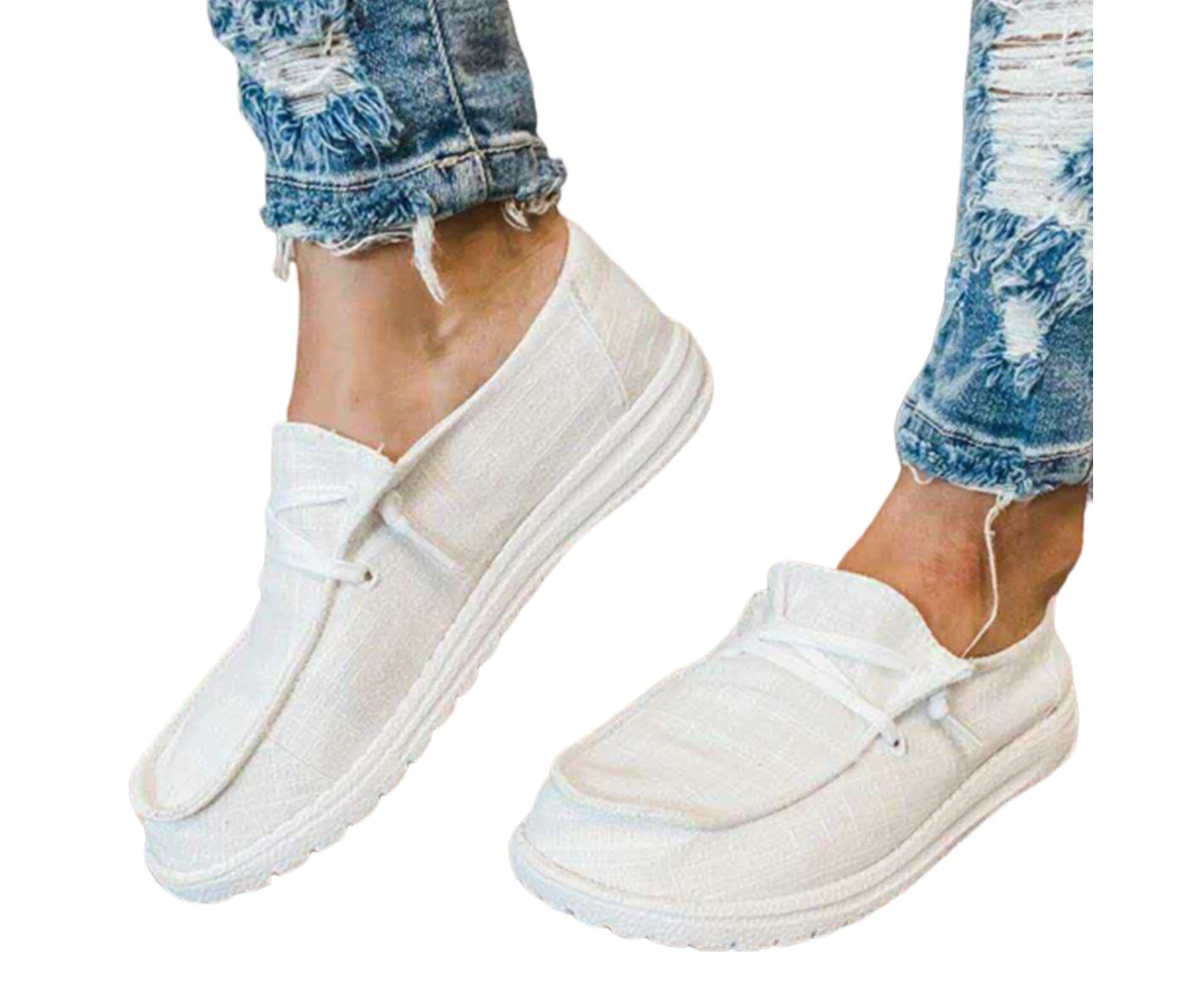 Women Lace-up Slip-on Breathable Non Slip Flat Canvas Sneakers Loafer Shoes-White - White