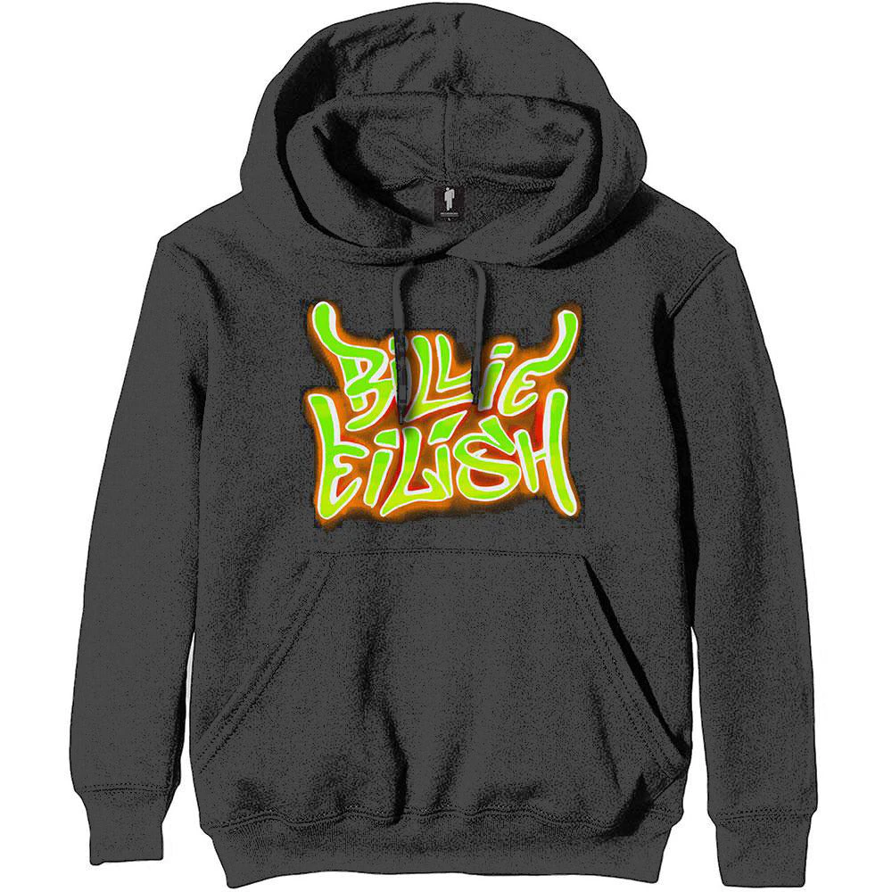 Billie Eilish Unisex Pullover Hoodie: Airbrush Flames Blohsh (Back Print) - Grey