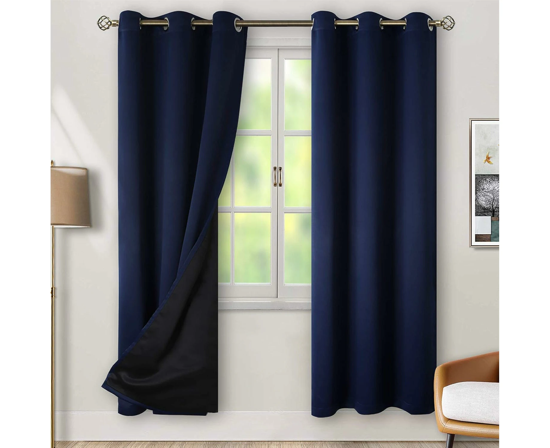 Thermal Insulated 100% Blackout Curtains For Bedroom With Black Liner, Double Layer Full Room Darkening Noise Reducing Grommet Curtain(2 Panels),Navy Blue