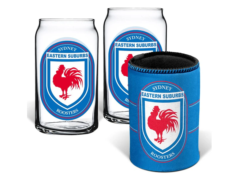 Sydney Roosters NRL Set of 2 Can Shaped Glasses and Can Cooler Gift Set