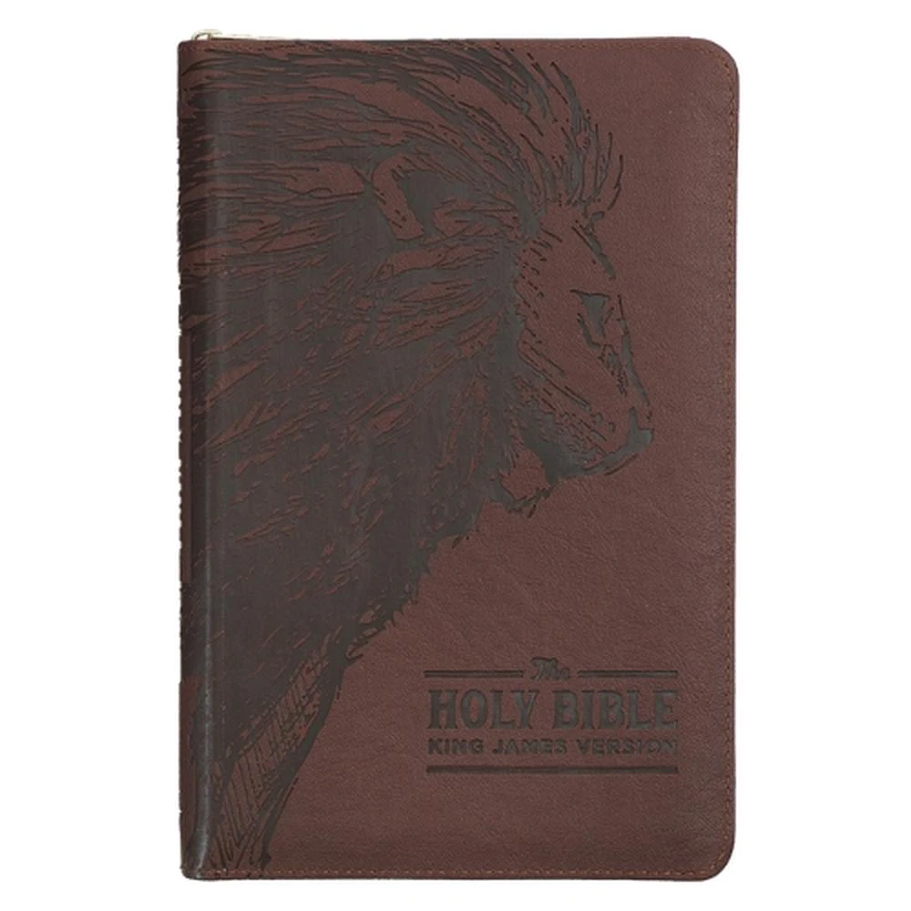 KJV Holy Bible, Standard Size Faux Leather Red Letter Edition - Thumb Index & Ribbon Marker, King James Version, Brown Lion Zipper Closure