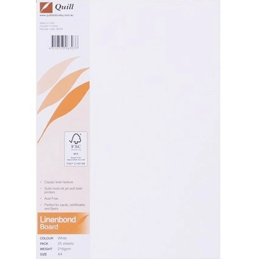 Quill Linen Bond Board Paper 216gsm A4 White Pack 25 Sheets