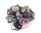 Flower Decor Faux Pearls Hair Tie Mesh Yarn Rhinestone Ribbons Sweet Bun Hair Ring Hair Accessories-Black