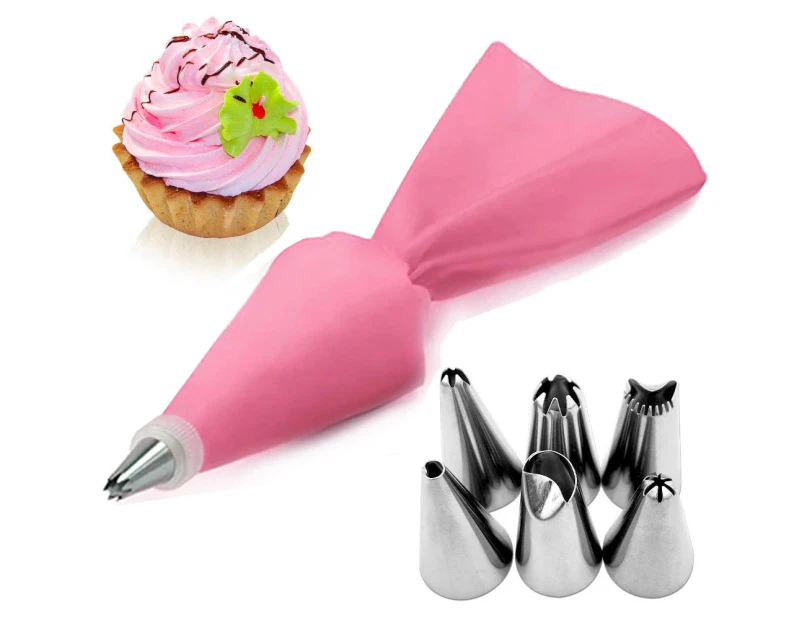 8 Pcs Set Silicone Pastry Piping Bag Tips Kitchen Cake Icing Cake Decorating Tools - PINK