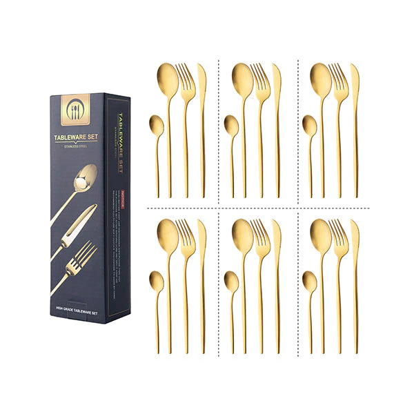 24Pcs Cutlery Set Boxed 410 Stainless Steel Dinner Knife Fork Spoon - Matte Gold Surface