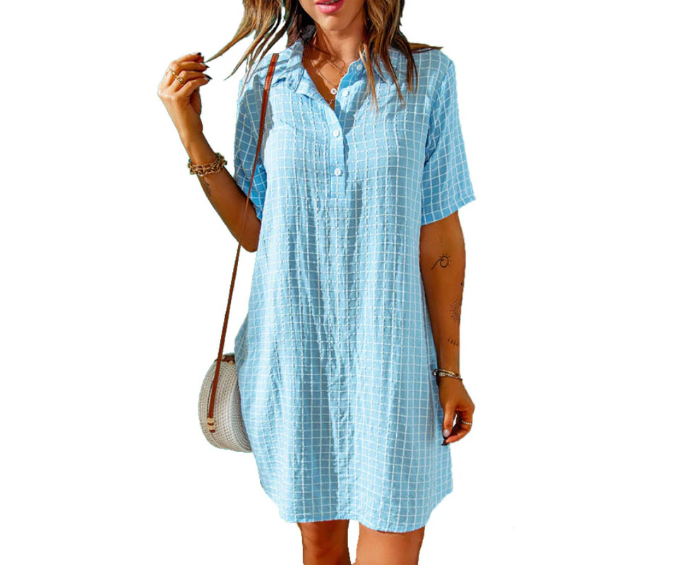 Women's Casual Plaid Ruffle Dress - Blue