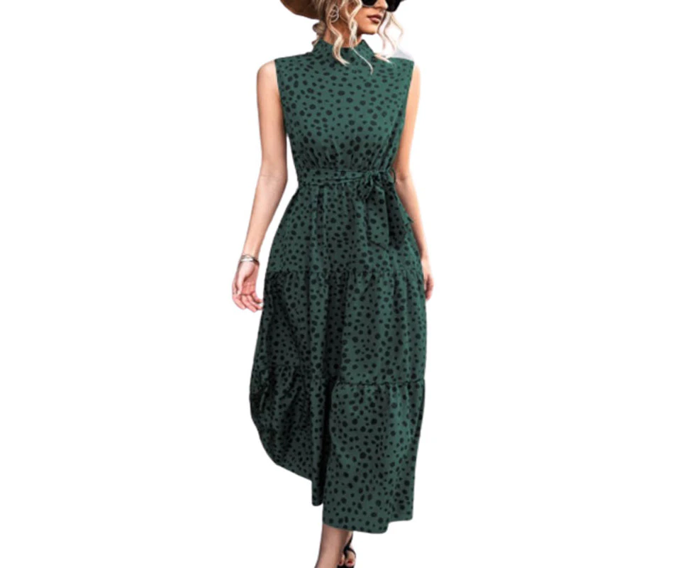 Women's  Wrap Casual Flowy Long Dress with Dot - Green