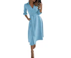 Women's Long Sleeve V-Neck Casual Printed Flowy Swing Dress - Sky Blue