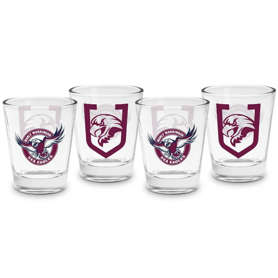 Manly Warringah Sea Eagles NRL Team Logo 50ml Shot Glasses Bar Set of 4