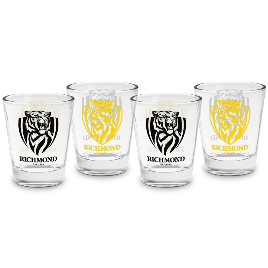 Richmond Tigers AFL Team Logo 50ml Shot Glasses Bar Set of 4