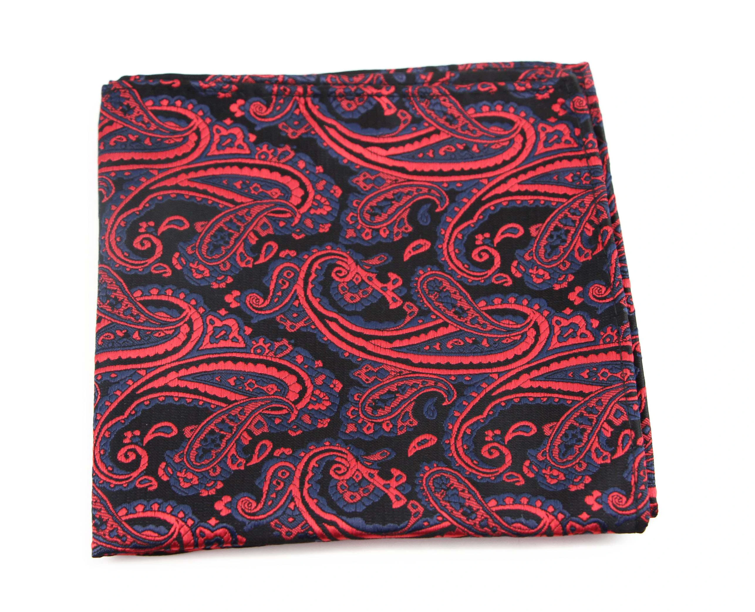 Mens Black, Red & Navy Boho Paisley Silk Pocket Square