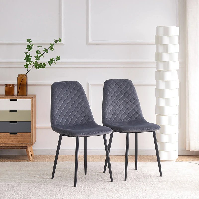 2x Grey Velvet Dining Chair Black Metal Legs Padded Seat Livingroom Dinning room Cafe Office