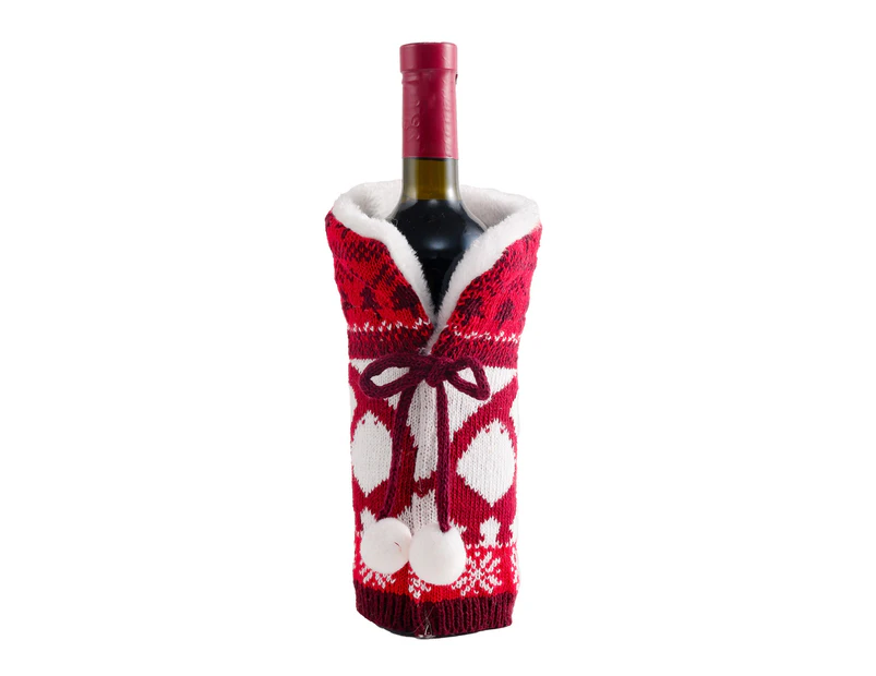 Elk Print Wine Bottle Cover Xmas Tree Print Woolen Yarn Knitted Plush Ball Bow Xmas Wine Bottle Bag Festival Supplier-Red