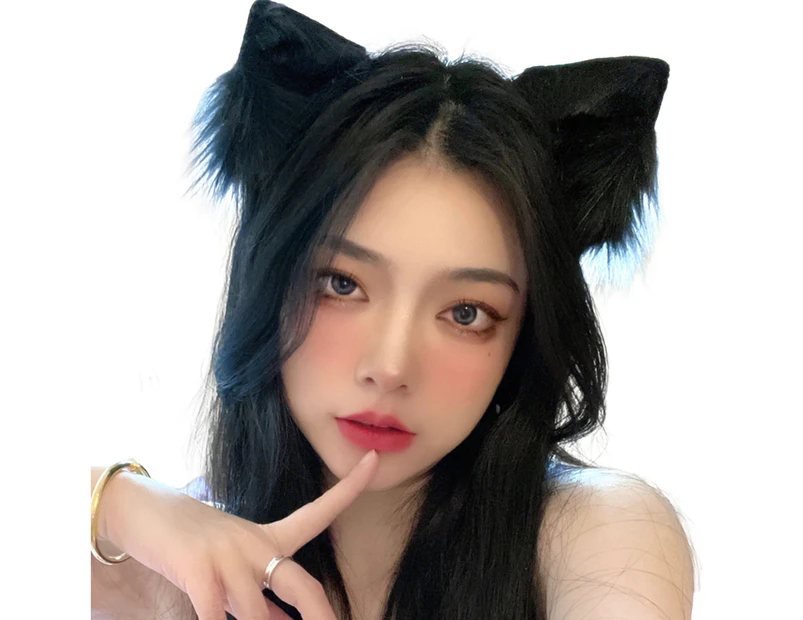 Christmas Women Headband Sweet Exquisite Festival Prop Lightweight Pointed Decorative Fluffy Plush Solid Color Fox Ear Women Hair Hoop for Christmas-Black