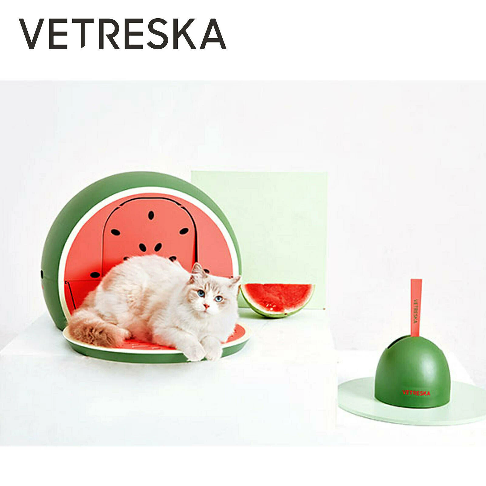 VETRESKA Cat Fruity Portable Kitty Toilet Litter Box Tray House Lid Scoop Set[Colour: WATERMELON]