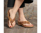 Flower Round Toe Wedge Open Toe Anti-slip Sandals Flip Flops Footwear for Daily Life-Brown - Brown