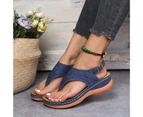 Women Sandals Open Toe Strap Wedges Solid All Match Flip Flop Type Faux Leather Retro Anti-slip Roman Sandals for Beach-Dark Blue