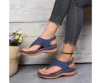 Women Sandals Open Toe Strap Wedges Solid All Match Flip Flop Type Faux Leather Retro Anti-slip Roman Sandals for Beach-Dark Blue