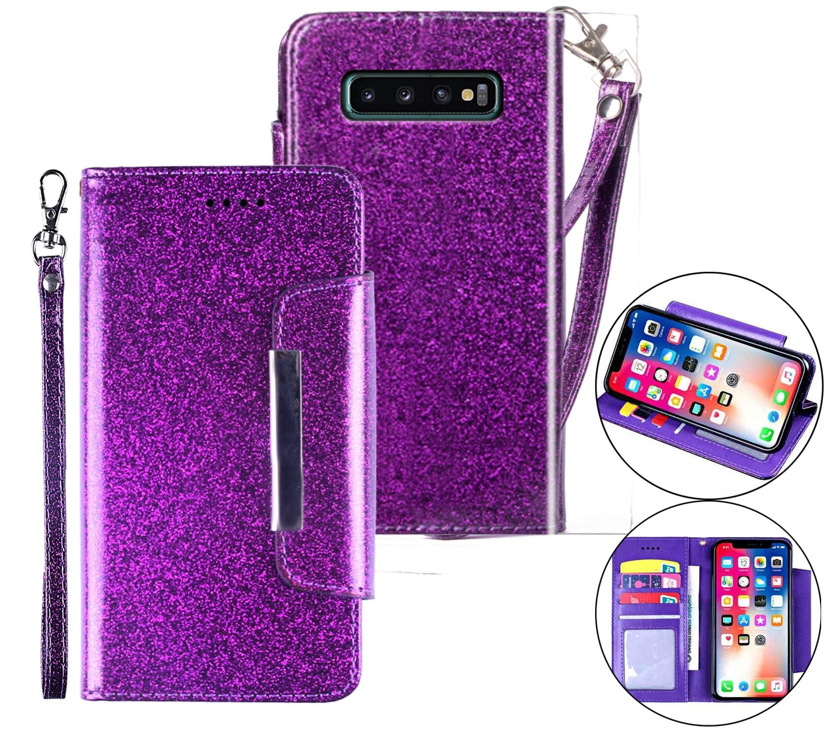 Samsung Galaxy S10 Case Wallet Cover Glitter Purple