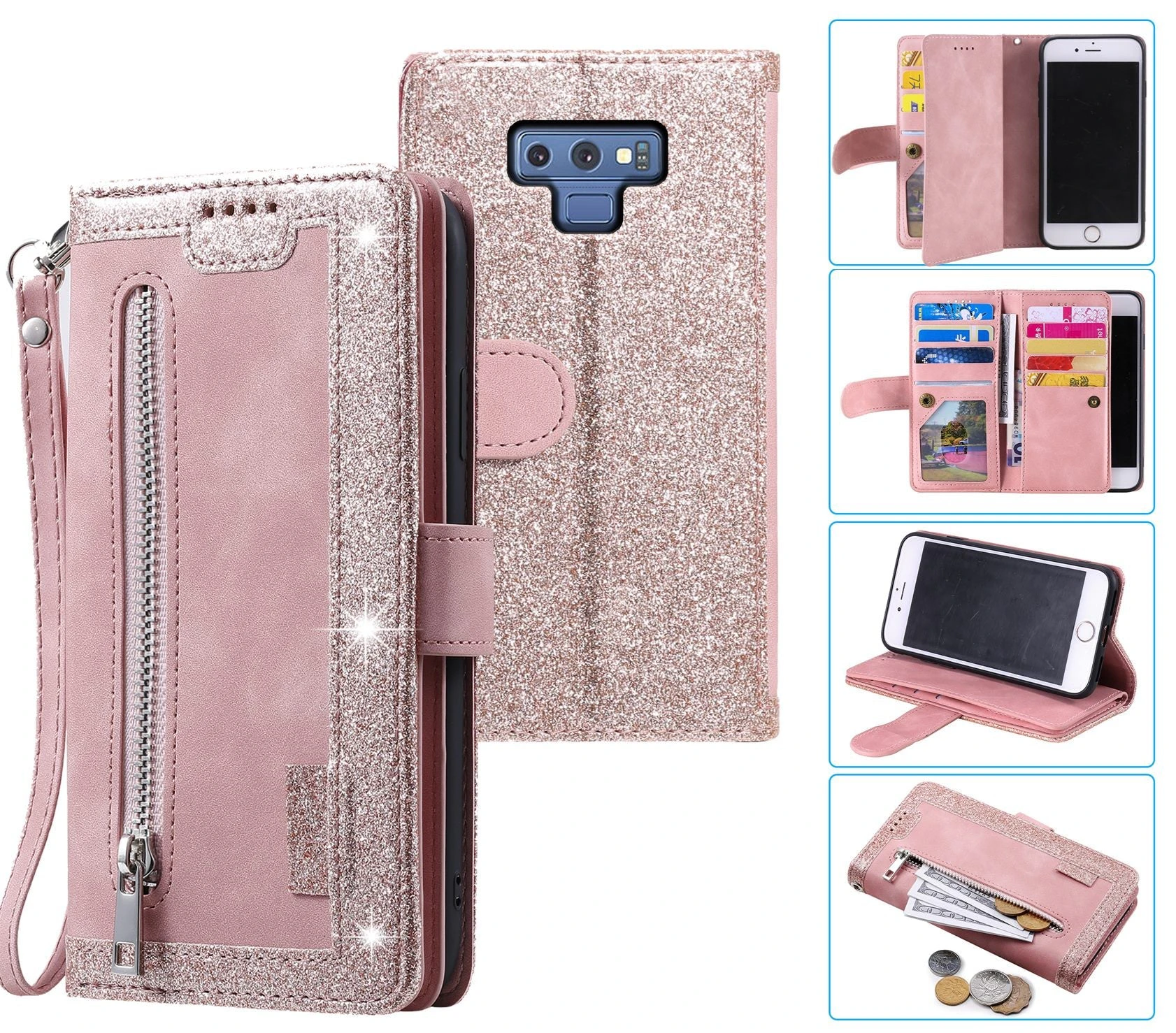 Samsung Galaxy Note 9 Case Wallet Cover Glitter Rose Gold