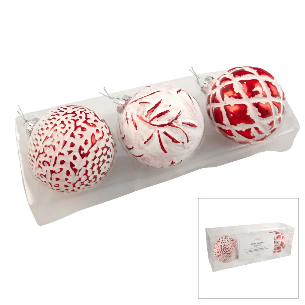 Glass Baubles Pack Red White 8cm Set of 3