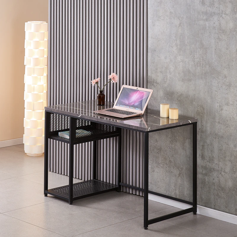 AINPECCA 1x Desk Study Table 120x60CM Faux Marble Pietra Grey With Black Metal Legs Home Office