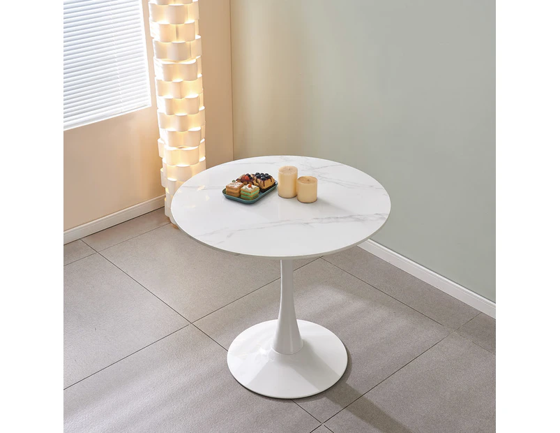 AINPECCA 1x Tulip Round table Dining Table Faux Marble Carrara White With Metal Pedestal Diameter 80CM