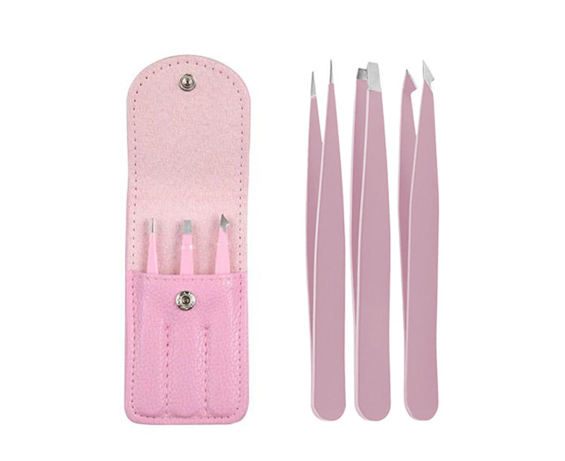 3 Pcs Professional Tweezers Set Stainless Steel With Fashion Leather Travel Case (pink)