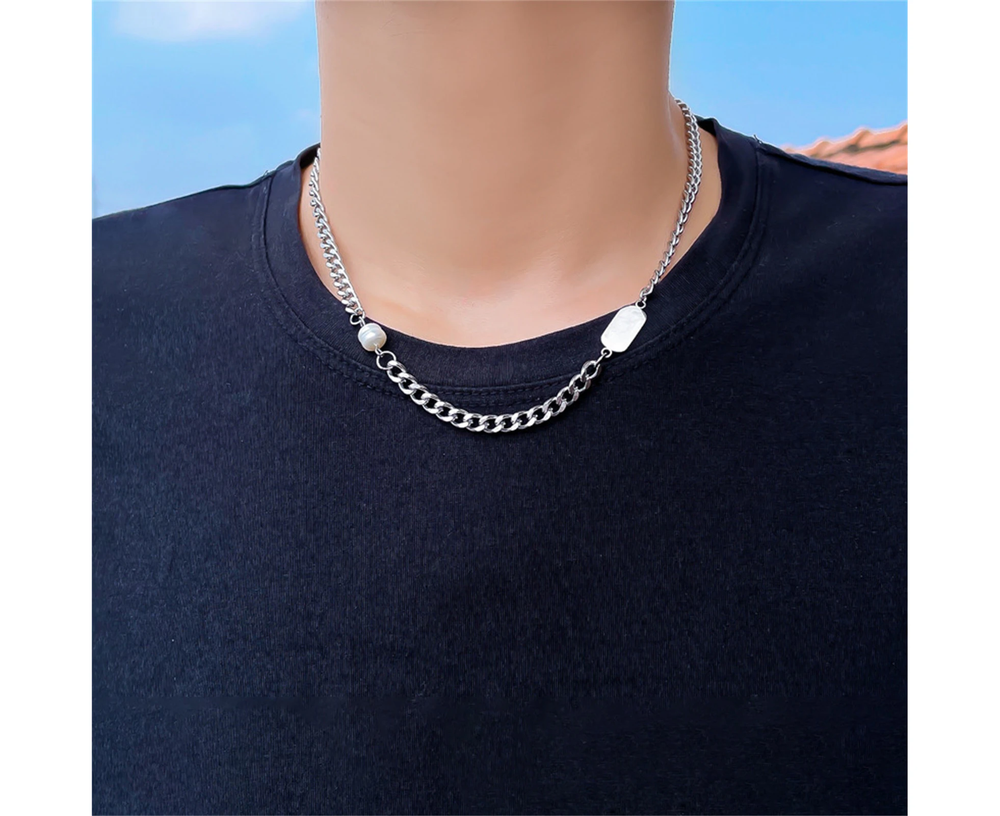 Clavicle Chain Stainless Steel Silver Color Men Cuban Chain Necklace for Party-Silver