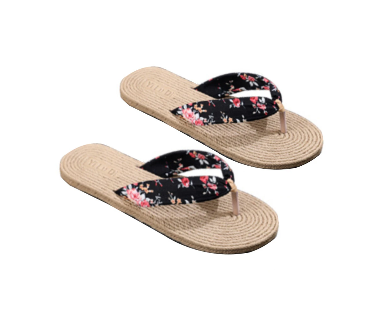 Women Shoes Summer Floral Flip Flops Beach Sandals Anti-slip Thongs Slippers-Black Floral# - Black Floral#