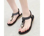 Summer Women Sandals Clip Toe Flat Heel Shoes T-shape Metal Rhinestone Flip Flops Sandals for Daily Life-Black - Black