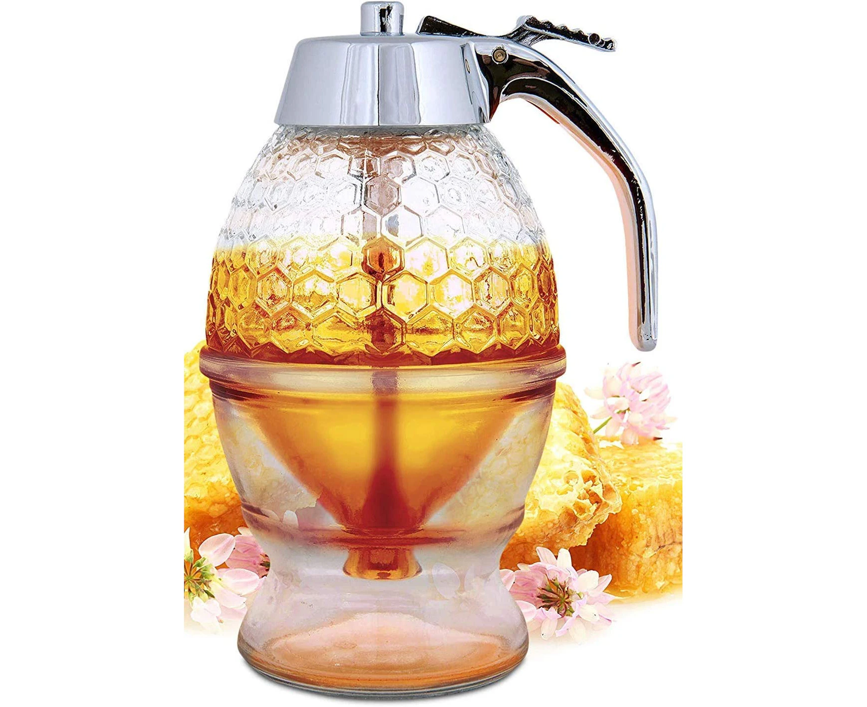 Honey Dispenser No Drip Glass - Maple Syrup Dispenser Glass - Beautiful Honey Comb Shaped Honey Pot - Honey Jar with Stand