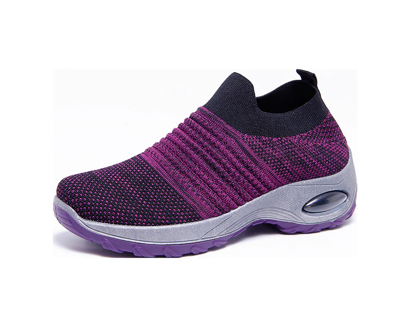 Women Walking Shoes Slip-on Breathable Knitted Platform Air Cushion Sneakers-Purple