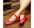 Women's Chinese Old Peking Style Phoenix Flower Embroidered Mary Jane Flat Shoes-Red