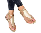 Women Flip Flops Clip Foot Buckle Rivet Faux Leather Flat Heel Anti-slip Roman Sandals for Beach-Golden - Golden