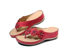Flower Round Toe Wedge Open Toe Anti-slip Sandals Flip Flops Footwear for Daily Life-Red