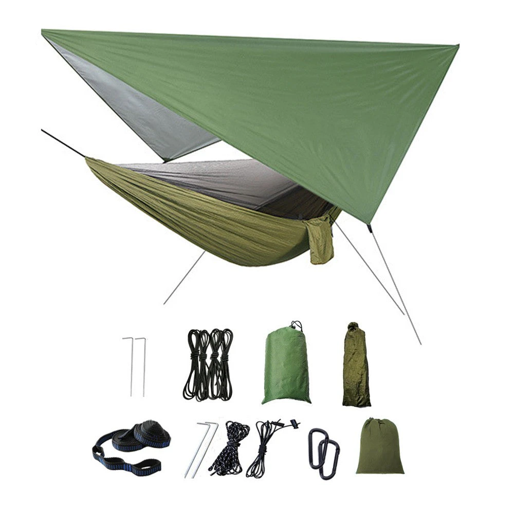 Camping Hammock with Mosquito Net Rain Fly Tarp Portable Single Hammock Green