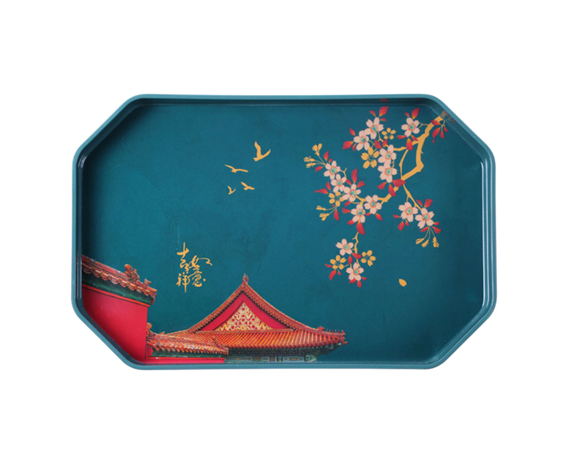 Tea Tray Chinese Style Washable Melamine Flower Pattern Table Serving Tray for Kitchen Cyan Square