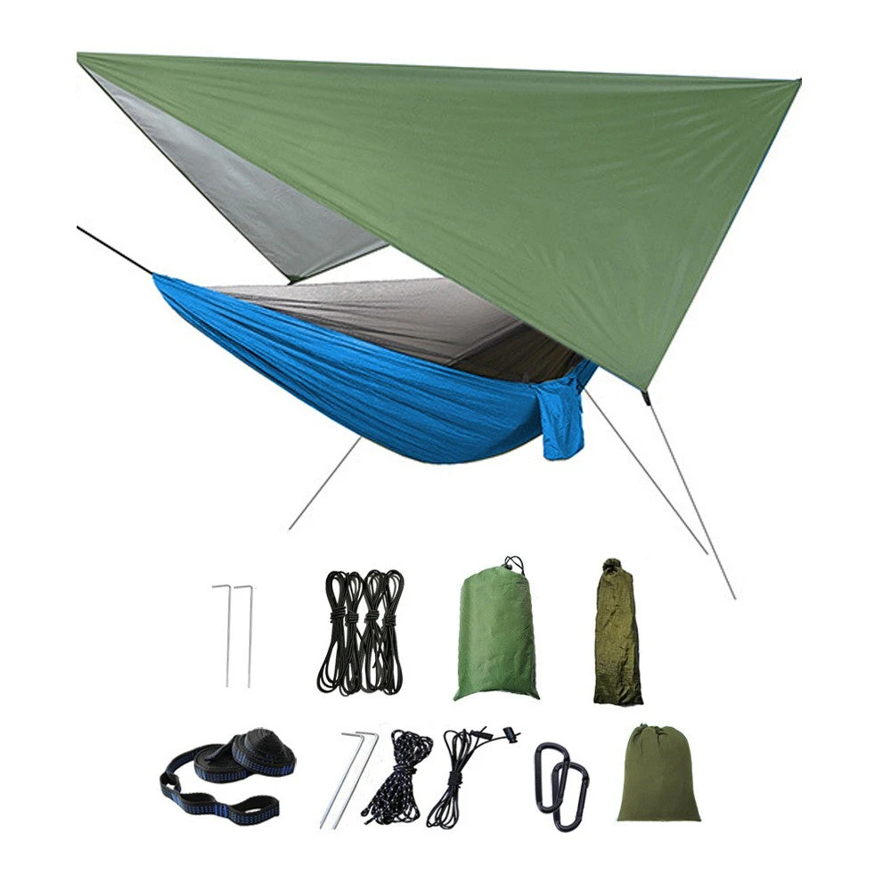 Camping Hammock with Mosquito Net Rain Fly Tarp Portable Single Hammock Blue