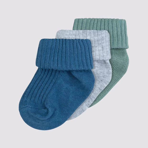 Baby Organic Cotton Turn Over Rib Cuff Socks 3 Pack - Underworks - Blue