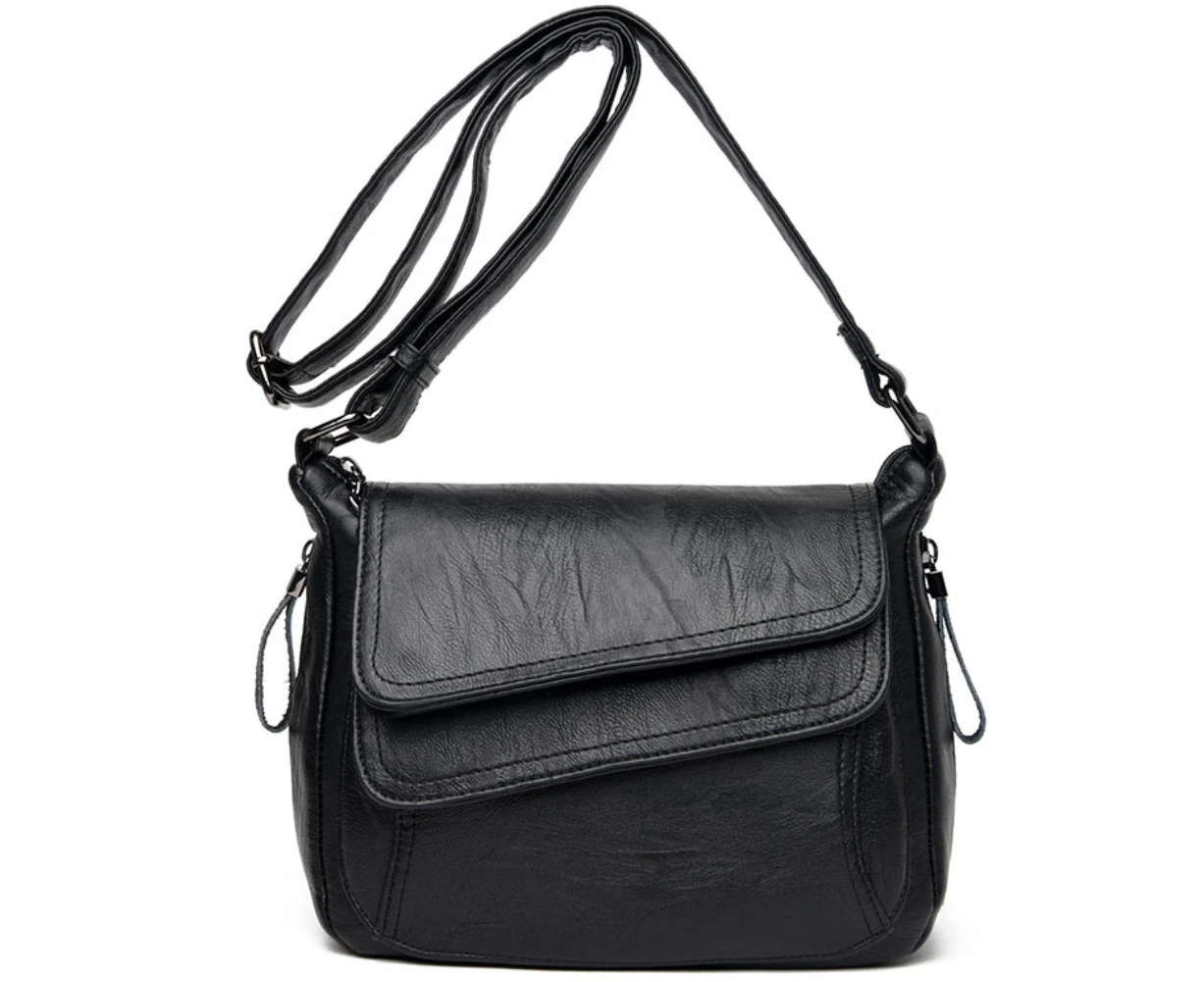 Fashion Solid Color Soft Genuine Leather Women's Casual Shopping Crossbody Bag-Black