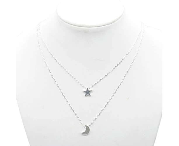 Women's Sexy Star Moon Double-Layer Vertical Drop Bar Pendant Charm Necklace-Silver