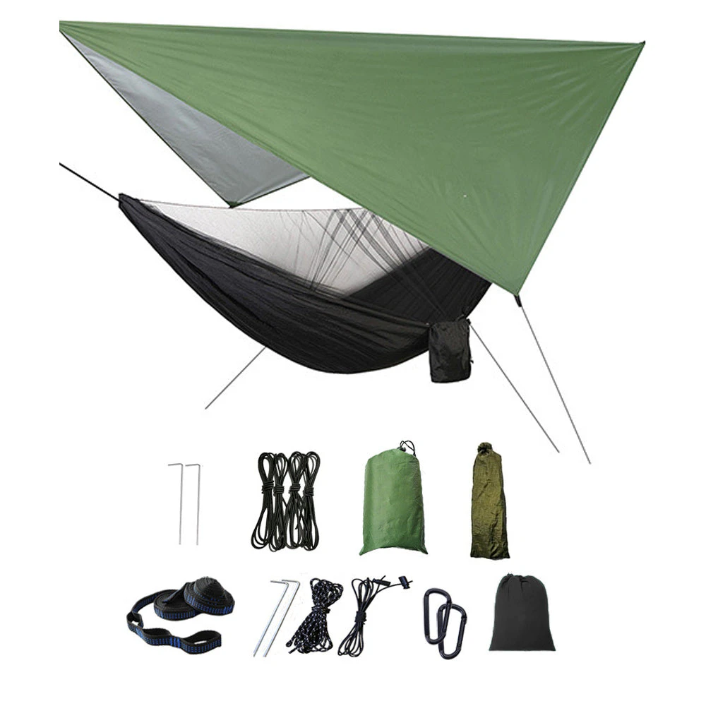 Camping Hammock with Mosquito Net Rain Fly Tarp Portable Single Hammock Black