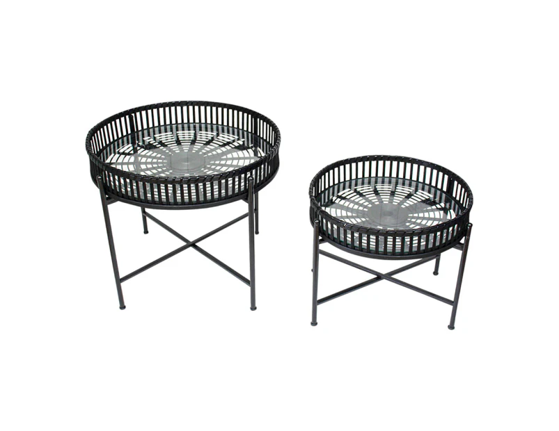 2pc Bamboo Metal Glass 46/58cm Round Side Table Home/Room Decor Furniture Black