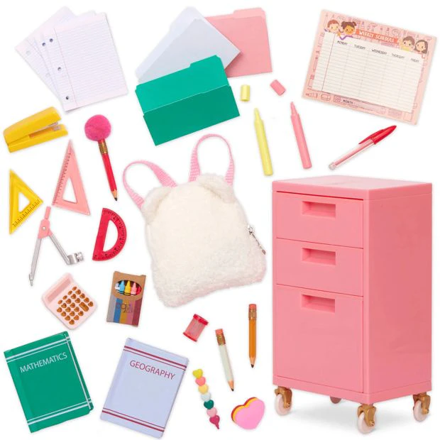 Our Generation Ready, Set, Learn! Pink Filing Cabinet & School Supplies for 18-inch Dolls