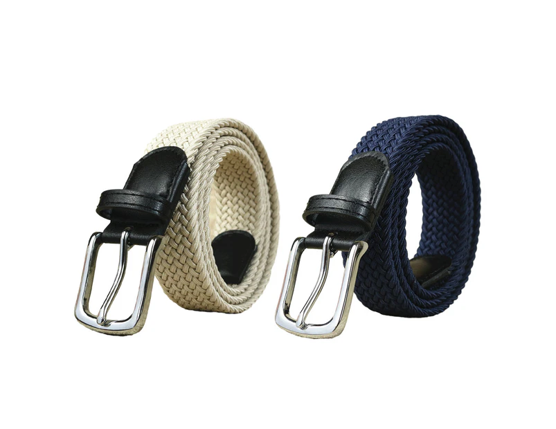 2Pcs Braided Belt Stretch Belt For Men And Women Multicolored Woven Belt Elastic Canvas Belt,Beige+Blue